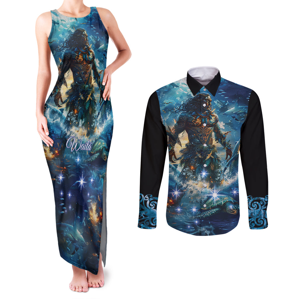 New Zealand Matariki Waita Couples Matching Tank Maxi Dress and Long Sleeve Button Shirt The Way Of The Water LT9 Black - Polynesian Pride