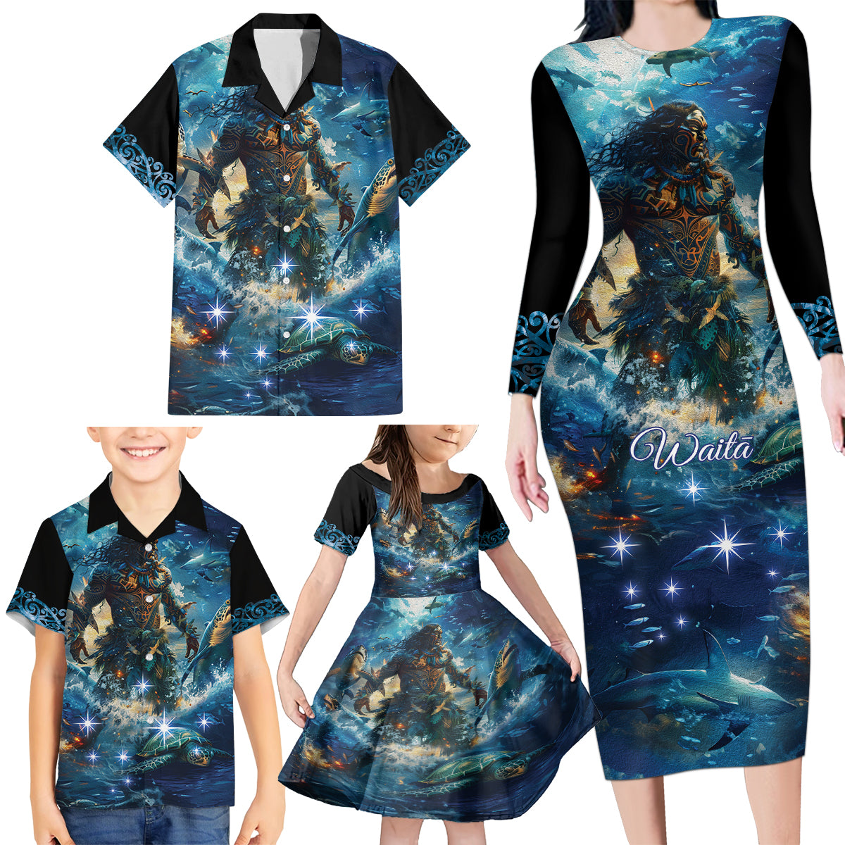 New Zealand Matariki Waita Family Matching Long Sleeve Bodycon Dress and Hawaiian Shirt The Way Of The Water LT9 - Polynesian Pride