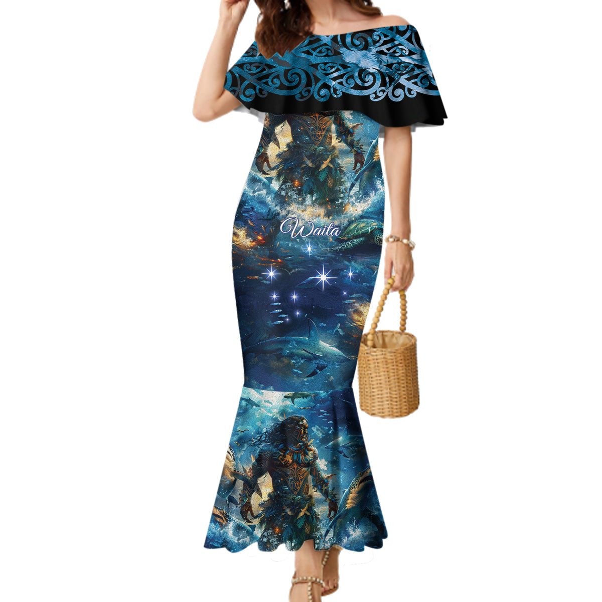 New Zealand Matariki Waita Family Matching Mermaid Dress and Hawaiian Shirt The Way Of The Water LT9 Mom's Dress Black - Polynesian Pride