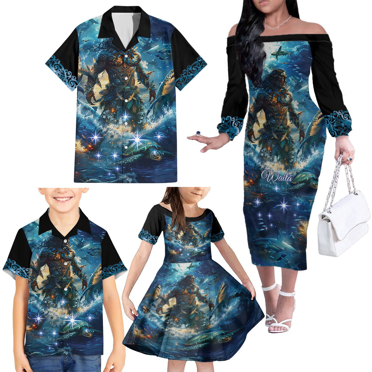 New Zealand Matariki Waita Family Matching Off The Shoulder Long Sleeve Dress and Hawaiian Shirt The Way Of The Water LT9 - Polynesian Pride
