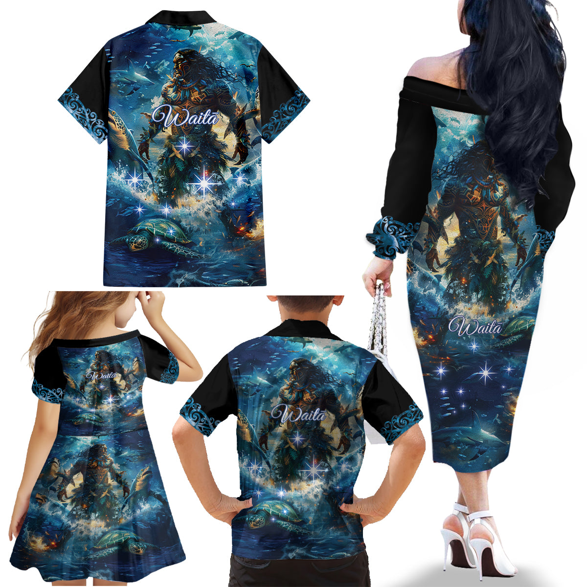 New Zealand Matariki Waita Family Matching Off The Shoulder Long Sleeve Dress and Hawaiian Shirt The Way Of The Water LT9 - Polynesian Pride