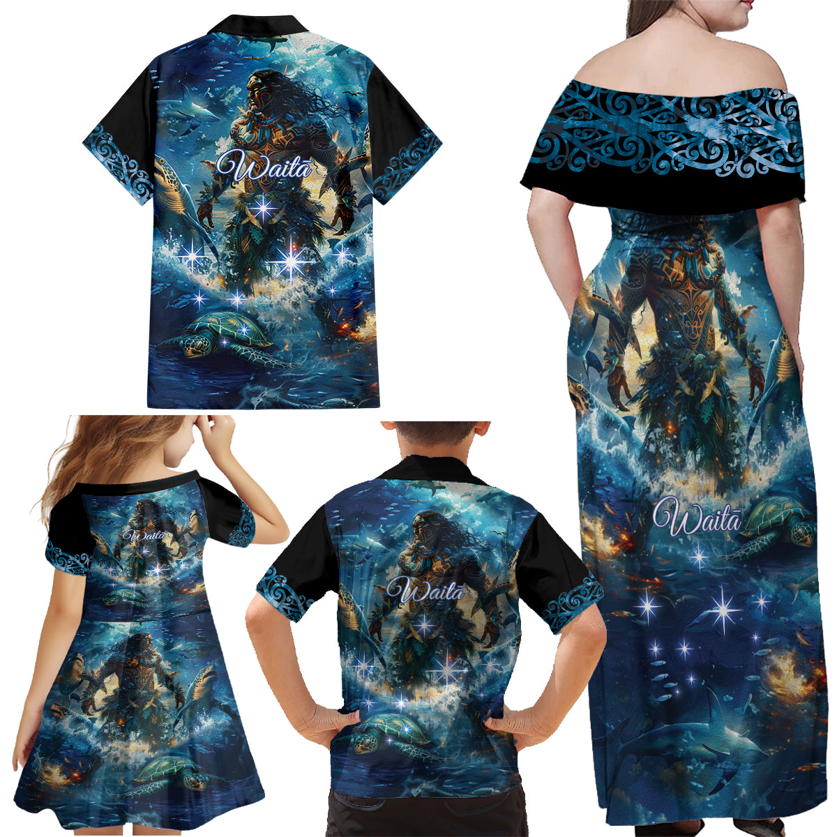 New Zealand Matariki Waita Family Matching Off Shoulder Maxi Dress and Hawaiian Shirt The Way Of The Water LT9 - Polynesian Pride
