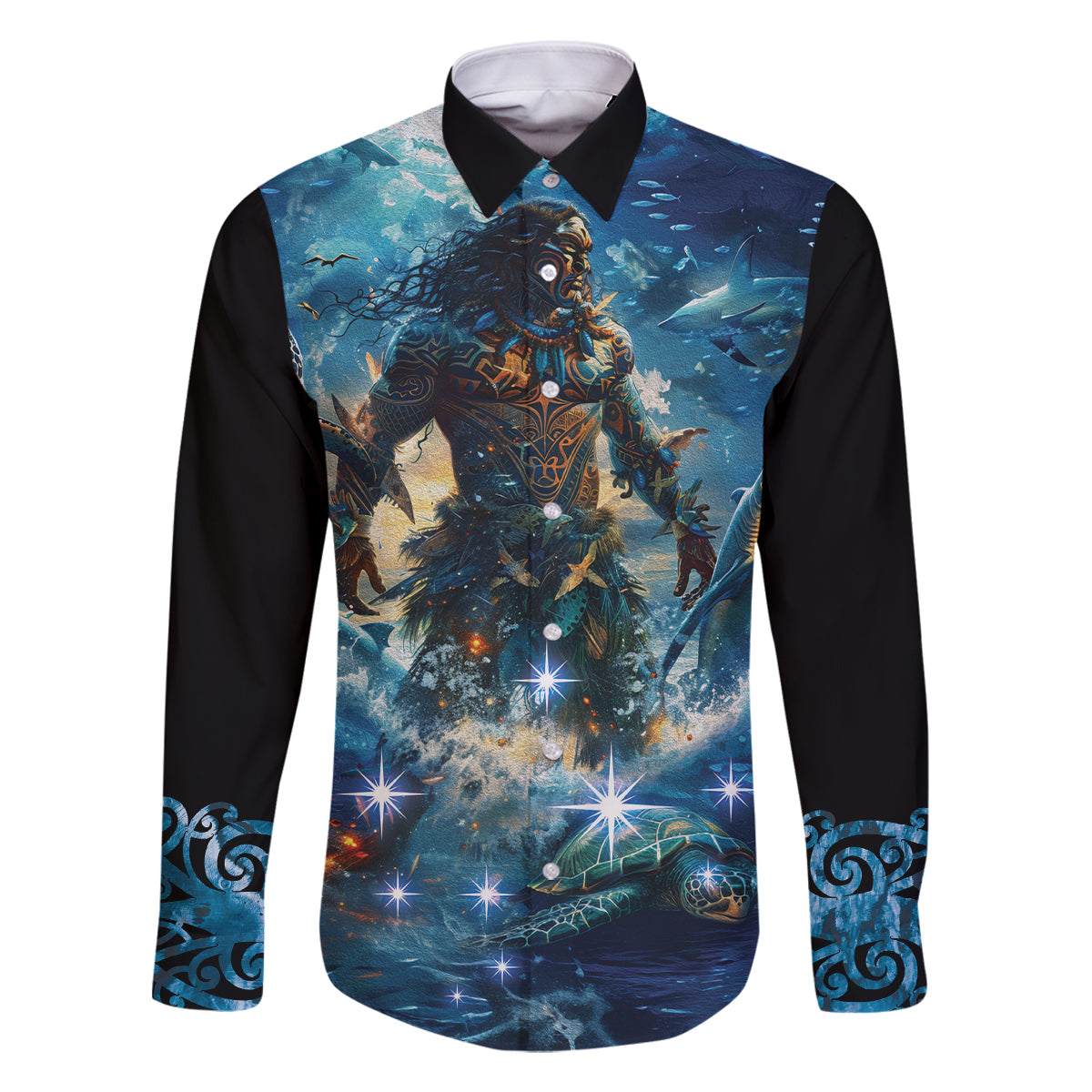 New Zealand Matariki Waita Family Matching Off Shoulder Maxi Dress and Hawaiian Shirt The Way Of The Water LT9 Dad's Shirt - Long Sleeve Black - Polynesian Pride