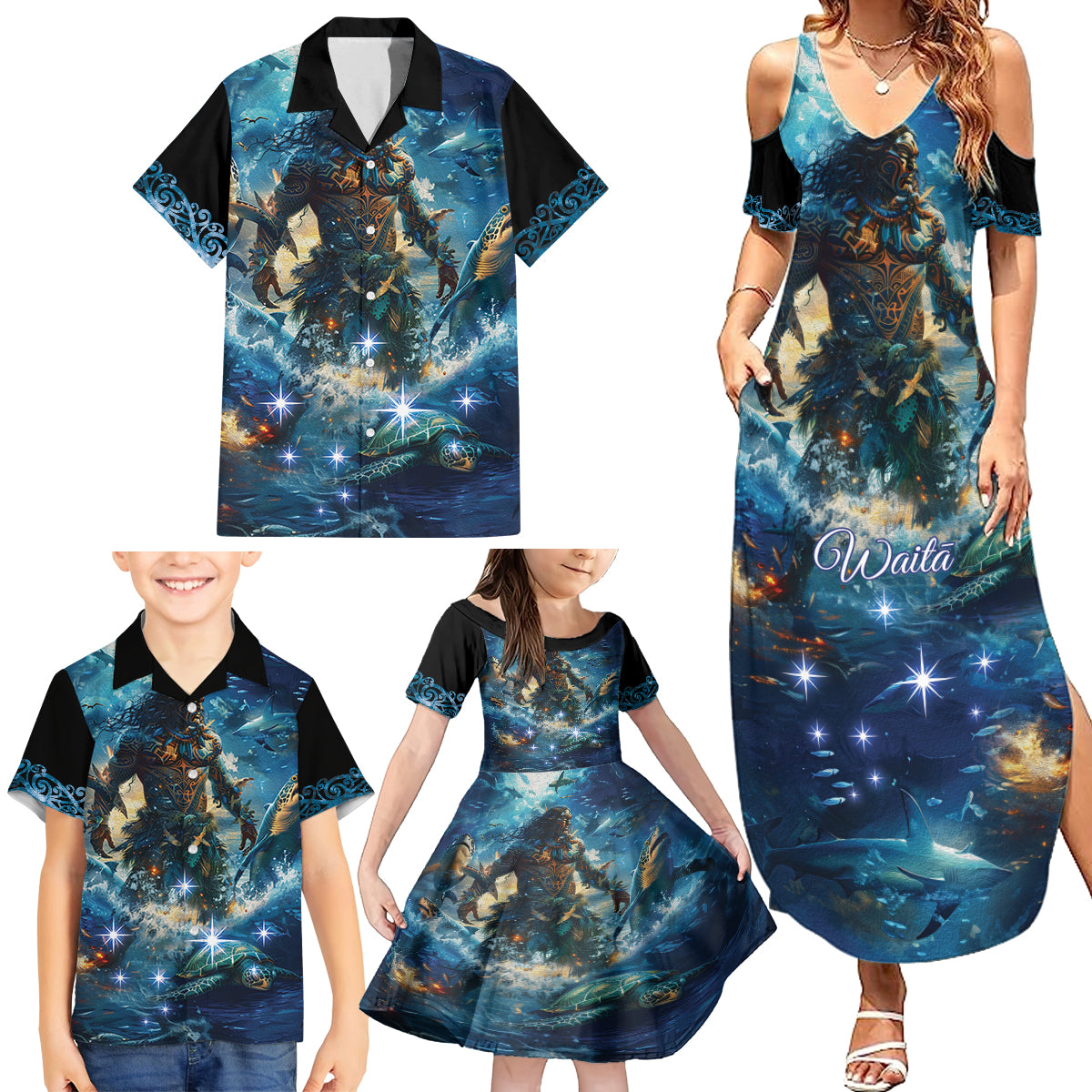 New Zealand Matariki Waita Family Matching Summer Maxi Dress and Hawaiian Shirt The Way Of The Water LT9 - Polynesian Pride
