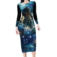 New Zealand Matariki Waita Long Sleeve Bodycon Dress The Way Of The Water LT9 Long Dress Black - Polynesian Pride