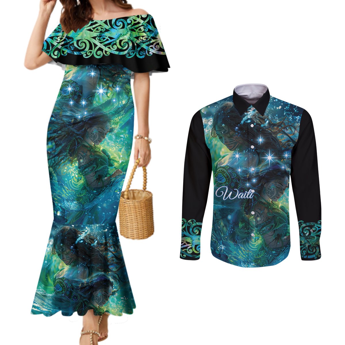 New Zealand Matariki Waiti Couples Matching Mermaid Dress and Long Sleeve Button Shirt The Beginnings Of Life LT9 Black - Polynesian Pride