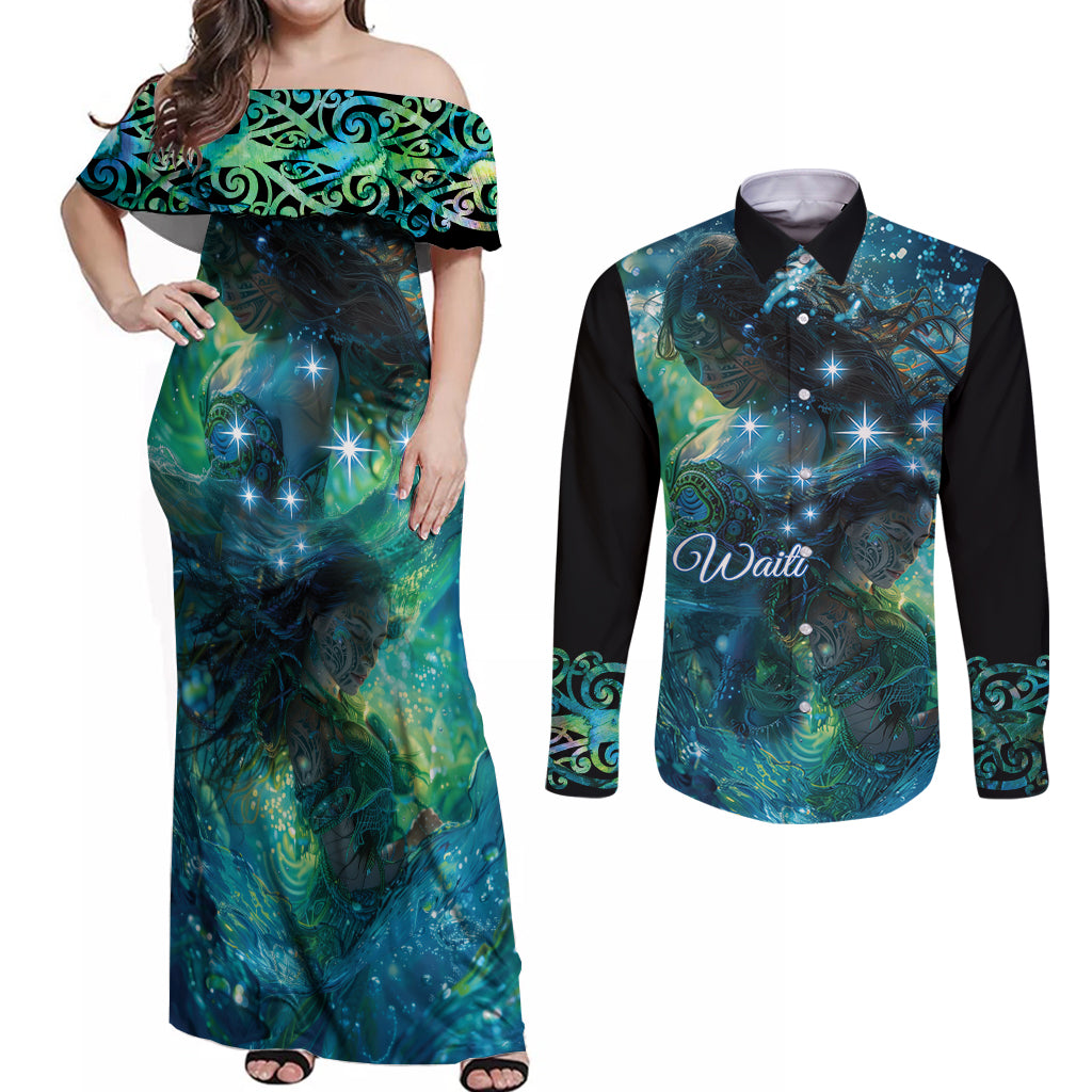 New Zealand Matariki Waiti Couples Matching Off Shoulder Maxi Dress and Long Sleeve Button Shirt The Beginnings Of Life LT9 Black - Polynesian Pride