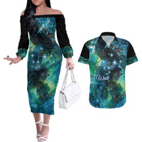 New Zealand Matariki Waiti Couples Matching Off The Shoulder Long Sleeve Dress and Hawaiian Shirt The Beginnings Of Life LT9 Black - Polynesian Pride
