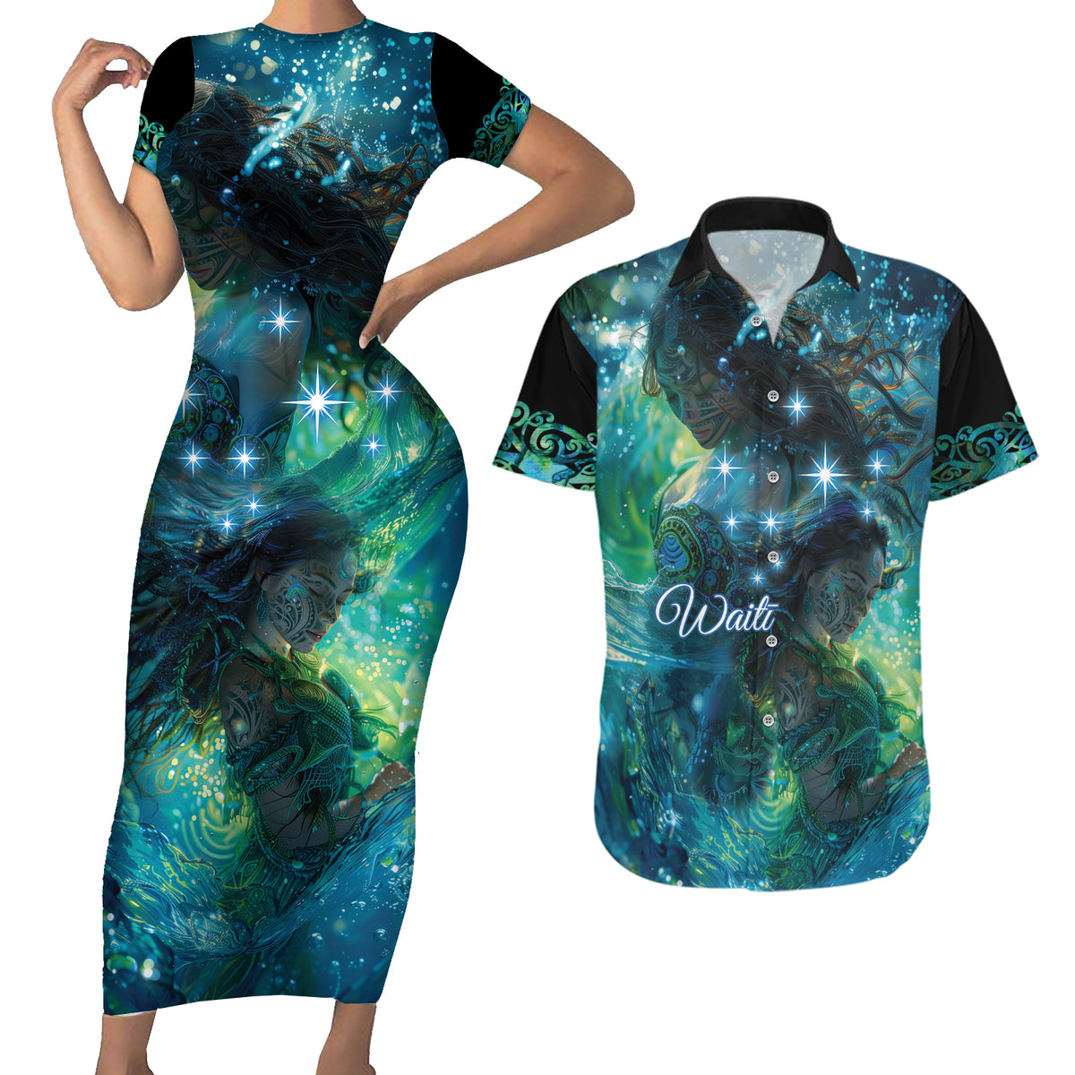 New Zealand Matariki Waiti Couples Matching Short Sleeve Bodycon Dress and Hawaiian Shirt The Beginnings Of Life LT9 Black - Polynesian Pride