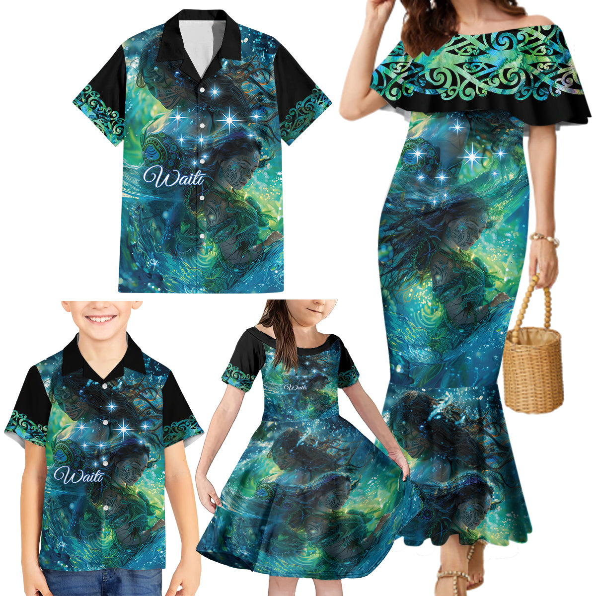 New Zealand Matariki Waiti Family Matching Mermaid Dress and Hawaiian Shirt The Beginnings Of Life LT9 - Polynesian Pride