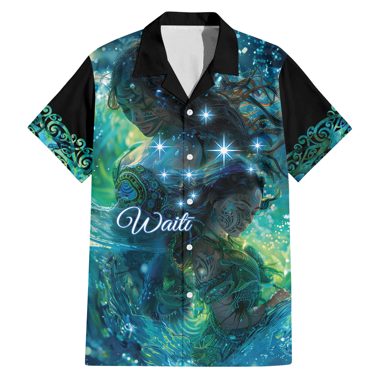 New Zealand Matariki Waiti Family Matching Mermaid Dress and Hawaiian Shirt The Beginnings Of Life LT9 Dad's Shirt - Short Sleeve Black - Polynesian Pride