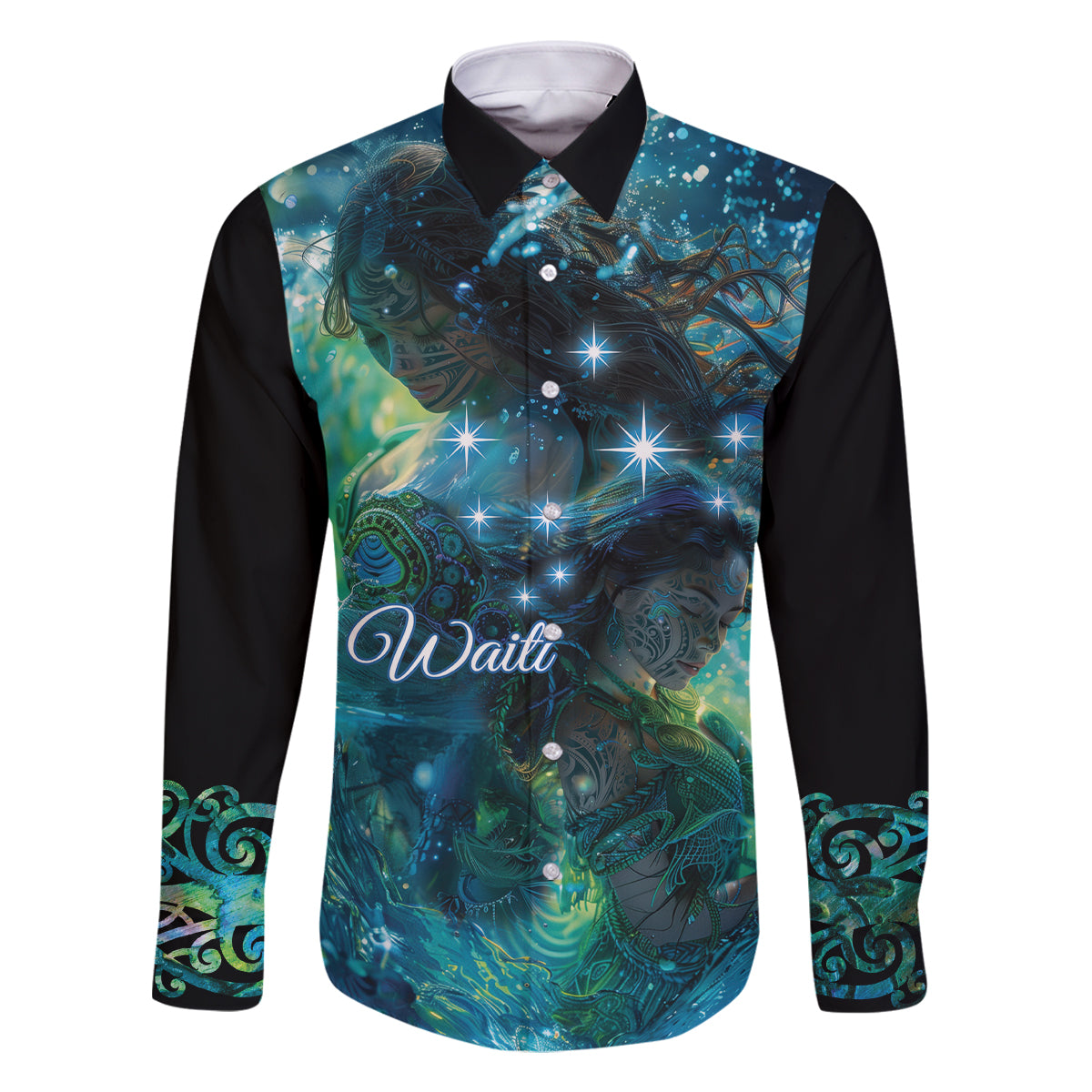 New Zealand Matariki Waiti Family Matching Mermaid Dress and Hawaiian Shirt The Beginnings Of Life LT9 Dad's Shirt - Long Sleeve Black - Polynesian Pride