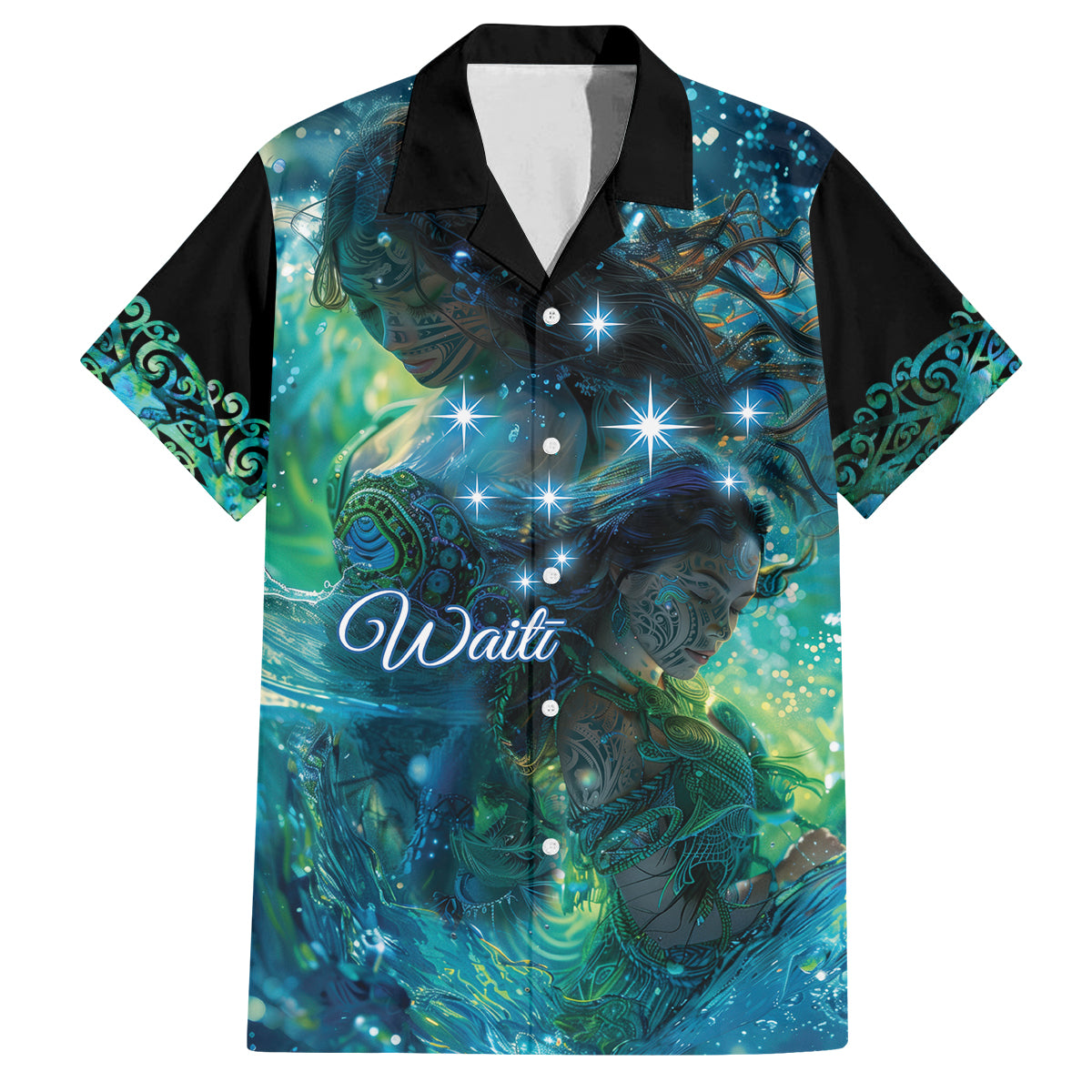 New Zealand Matariki Waiti Family Matching Off The Shoulder Long Sleeve Dress and Hawaiian Shirt The Beginnings Of Life LT9 Dad's Shirt - Short Sleeve Black - Polynesian Pride