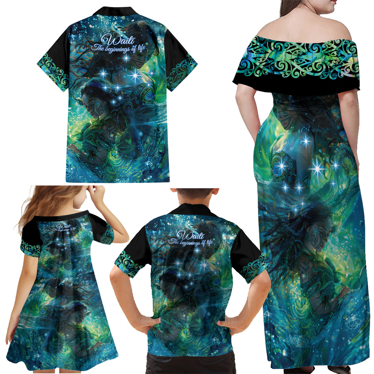 New Zealand Matariki Waiti Family Matching Off Shoulder Maxi Dress and Hawaiian Shirt The Beginnings Of Life LT9 - Polynesian Pride