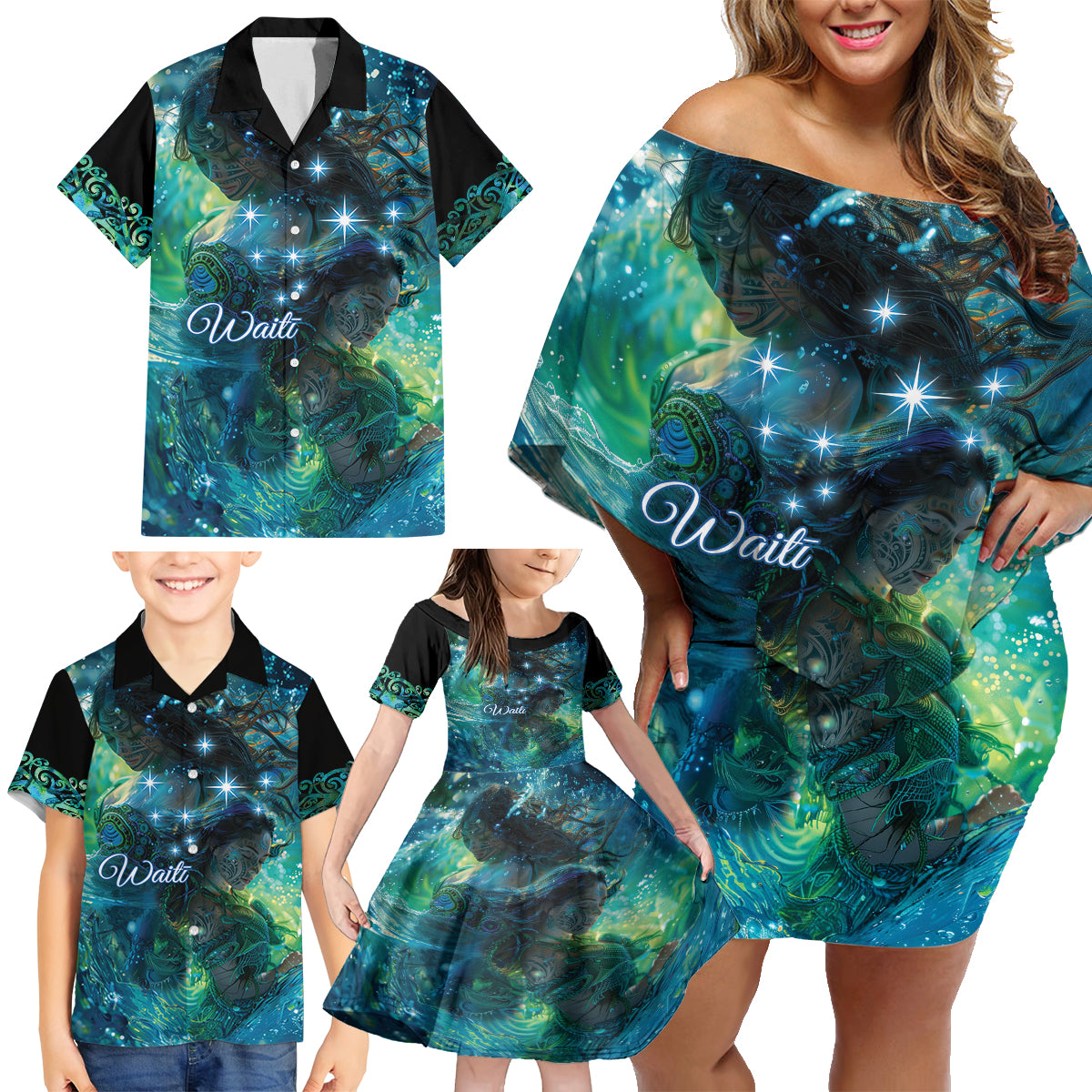 New Zealand Matariki Waiti Family Matching Off Shoulder Short Dress and Hawaiian Shirt The Beginnings Of Life LT9 - Polynesian Pride