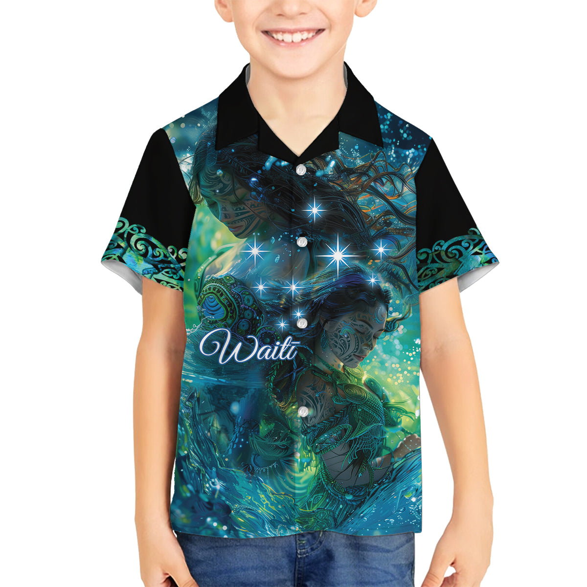 New Zealand Matariki Waiti Family Matching Puletasi and Hawaiian Shirt The Beginnings Of Life LT9 Son's Shirt Black - Polynesian Pride