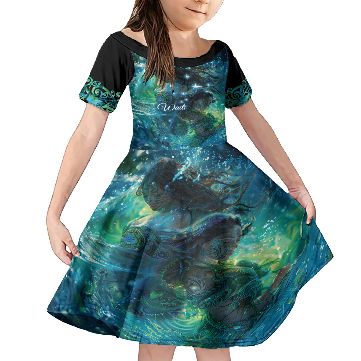 New Zealand Matariki Waiti Family Matching Summer Maxi Dress and Hawaiian Shirt The Beginnings Of Life LT9 Daughter's Dress Black - Polynesian Pride