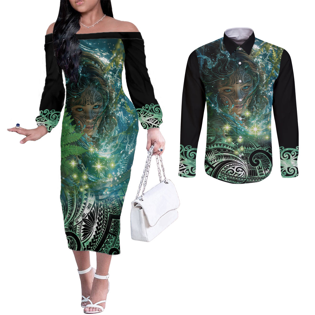 New Zealand Matariki Waiti Couples Matching Off The Shoulder Long Sleeve Dress and Long Sleeve Button Shirt Waimori and The Origin Of Life LT9 Black - Polynesian Pride