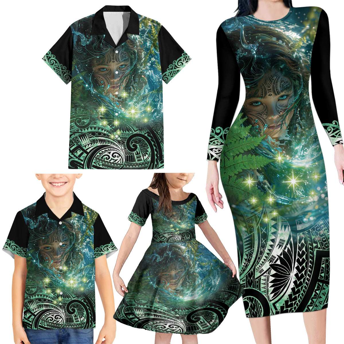 New Zealand Matariki Waiti Family Matching Long Sleeve Bodycon Dress and Hawaiian Shirt Waimori and The Origin Of Life LT9 - Polynesian Pride