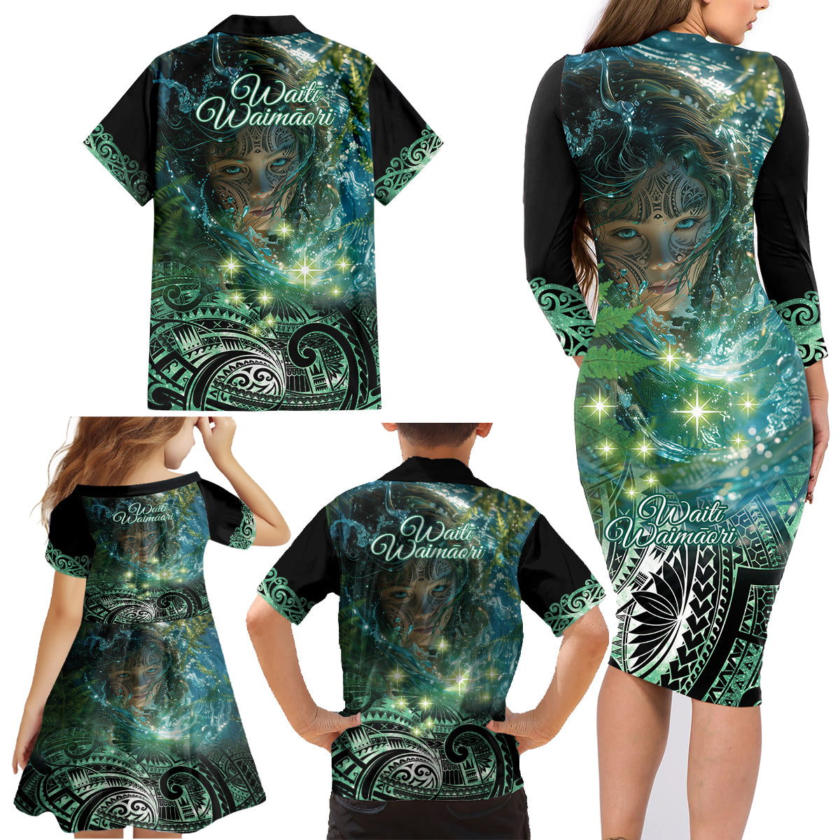 New Zealand Matariki Waiti Family Matching Long Sleeve Bodycon Dress and Hawaiian Shirt Waimori and The Origin Of Life LT9 - Polynesian Pride