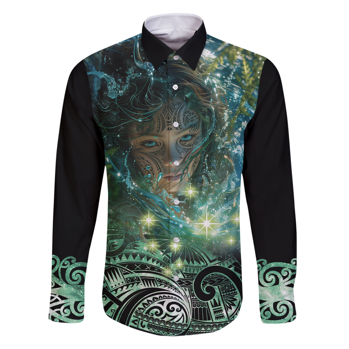 New Zealand Matariki Waiti Family Matching Long Sleeve Bodycon Dress and Hawaiian Shirt Waimori and The Origin Of Life LT9 Dad's Shirt - Long Sleeve Black - Polynesian Pride
