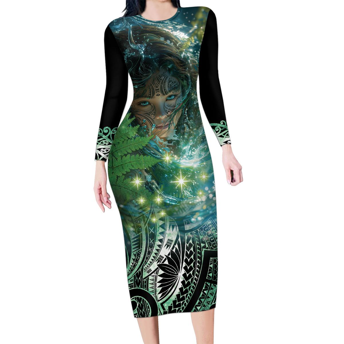 New Zealand Matariki Waiti Family Matching Long Sleeve Bodycon Dress and Hawaiian Shirt Waimori and The Origin Of Life LT9 Mom's Dress Black - Polynesian Pride