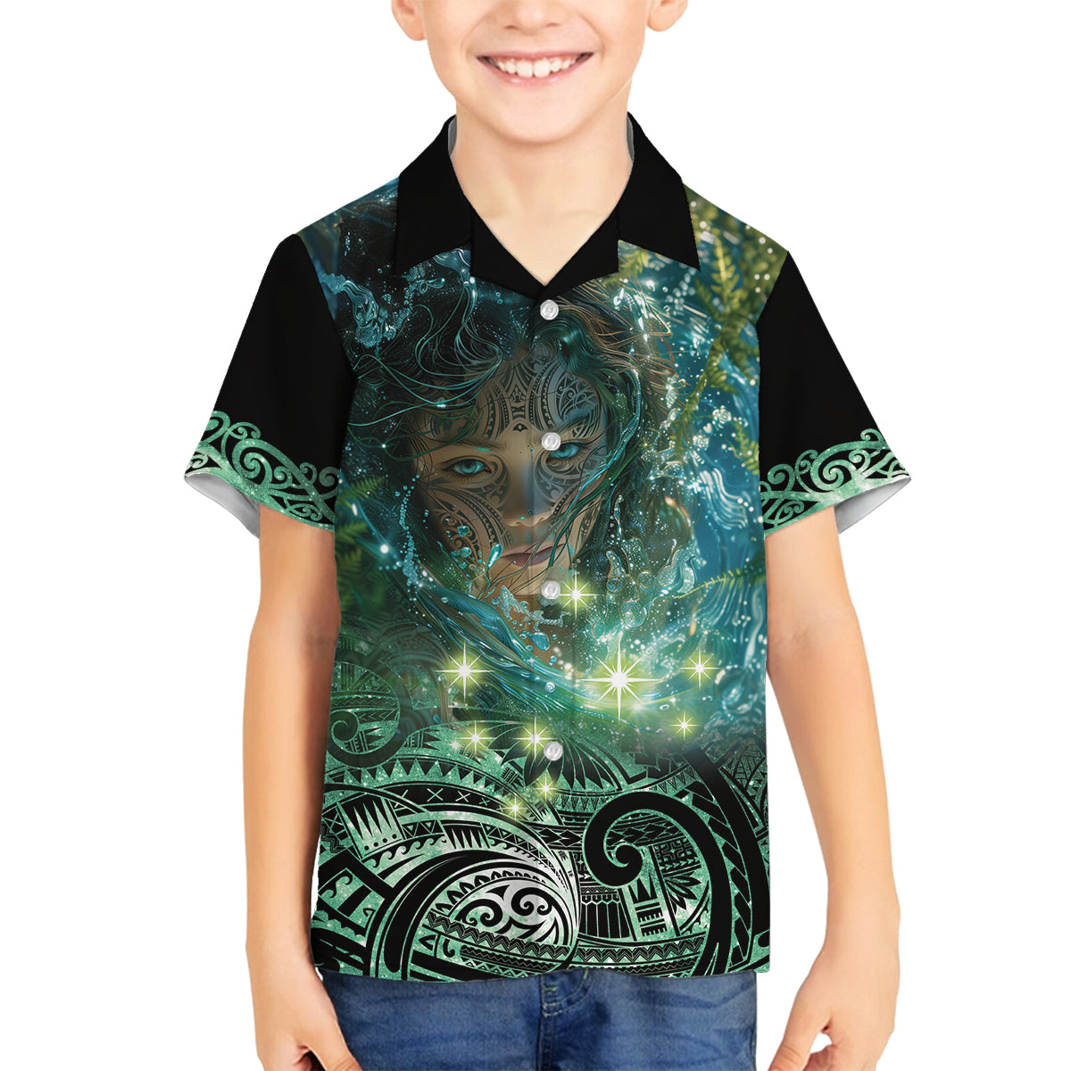 New Zealand Matariki Waiti Family Matching Off Shoulder Maxi Dress and Hawaiian Shirt Waimori and The Origin Of Life LT9 Son's Shirt Black - Polynesian Pride