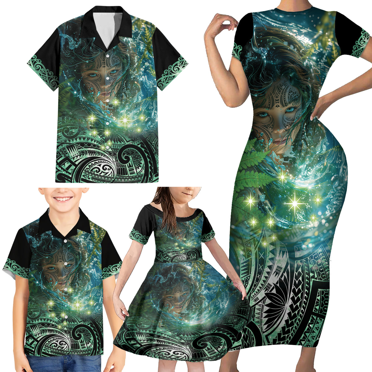 New Zealand Matariki Waiti Family Matching Short Sleeve Bodycon Dress and Hawaiian Shirt Waimori and The Origin Of Life LT9 - Polynesian Pride
