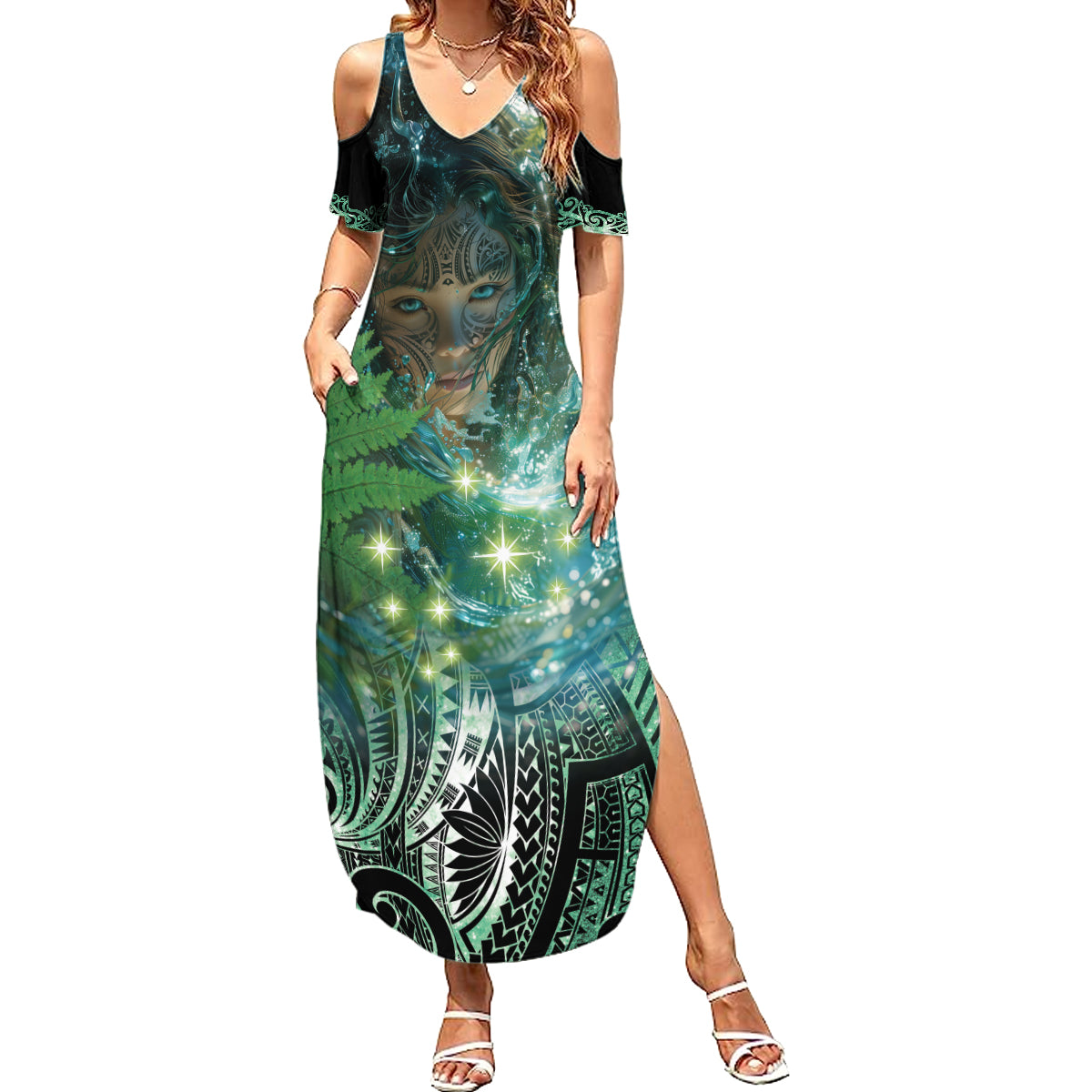 New Zealand Matariki Waiti Family Matching Summer Maxi Dress and Hawaiian Shirt Waimori and The Origin Of Life LT9 Mom's Dress Black - Polynesian Pride