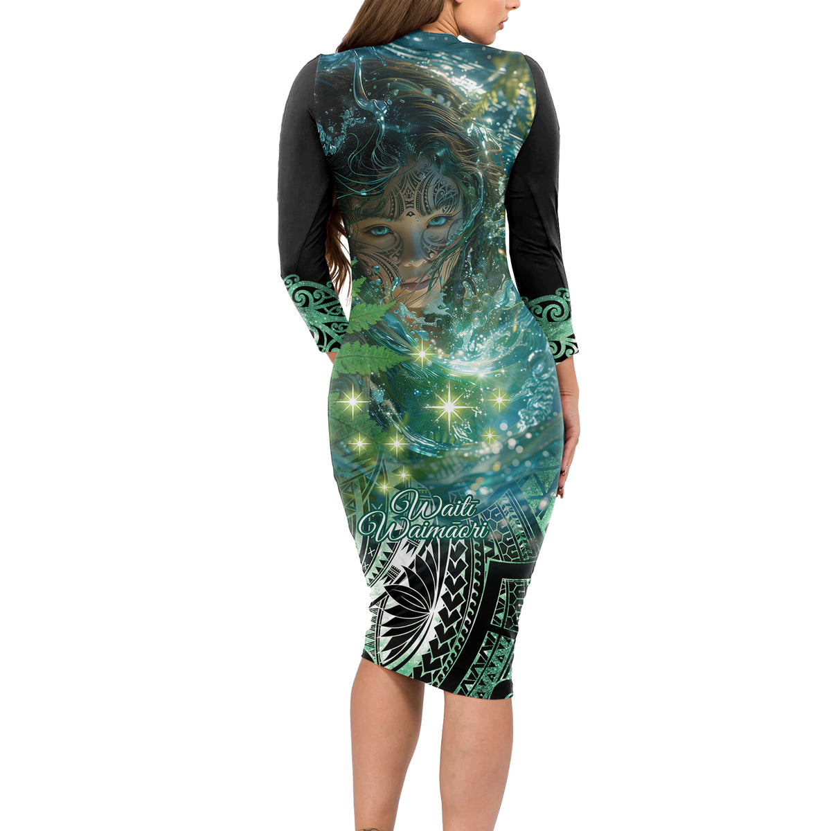 New Zealand Matariki Waiti Long Sleeve Bodycon Dress Waimori and The Origin Of Life LT9 - Polynesian Pride