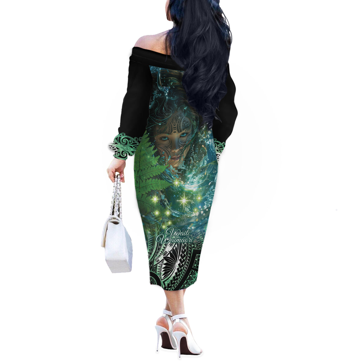 New Zealand Matariki Waiti Off The Shoulder Long Sleeve Dress Waimori and The Origin Of Life LT9 - Polynesian Pride