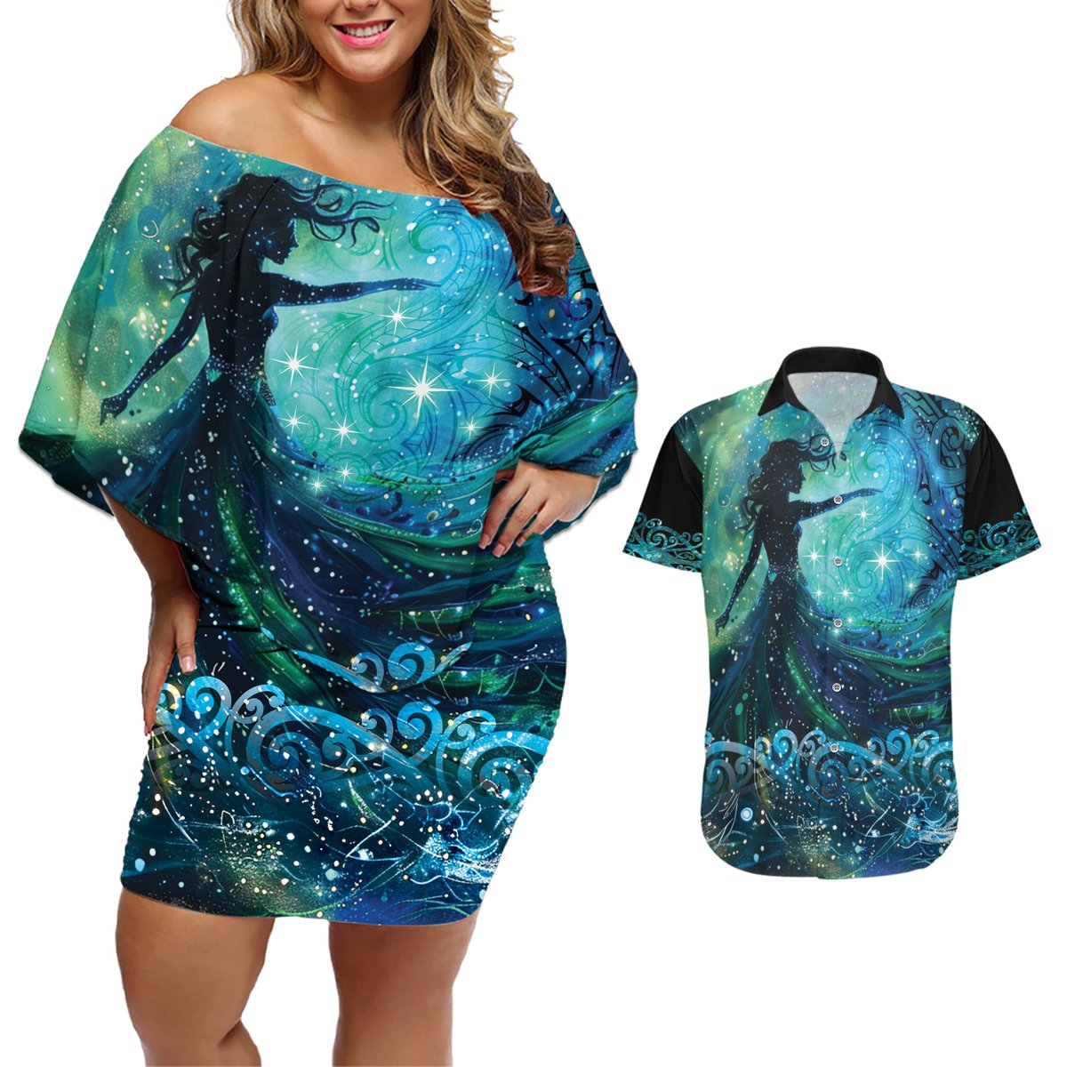 New Zealand Matariki Hiwa-i-te-rangi Couples Matching Off Shoulder Short Dress and Hawaiian Shirt Titiro ki nga Whetu Wishing Star LT9 Black - Polynesian Pride
