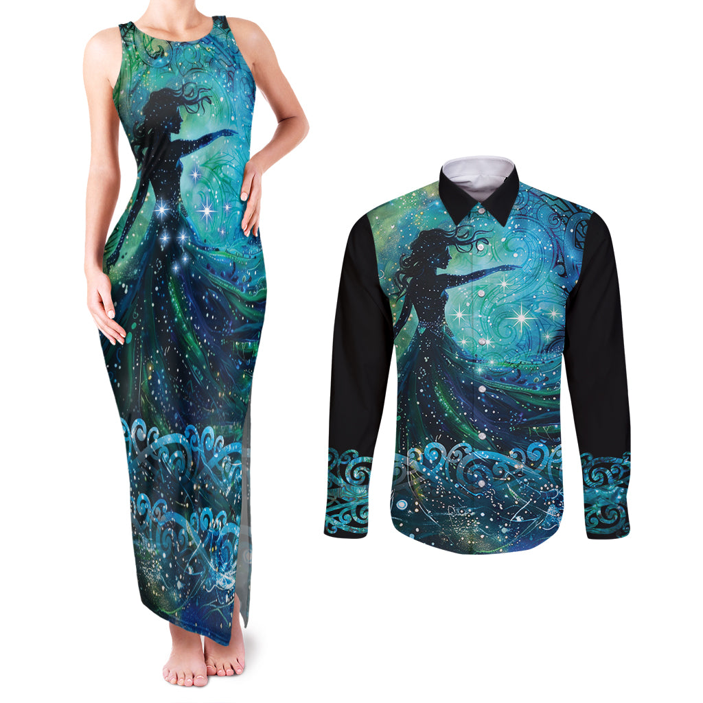 New Zealand Matariki Hiwa-i-te-rangi Couples Matching Tank Maxi Dress and Long Sleeve Button Shirt Titiro ki nga Whetu Wishing Star LT9 Black - Polynesian Pride