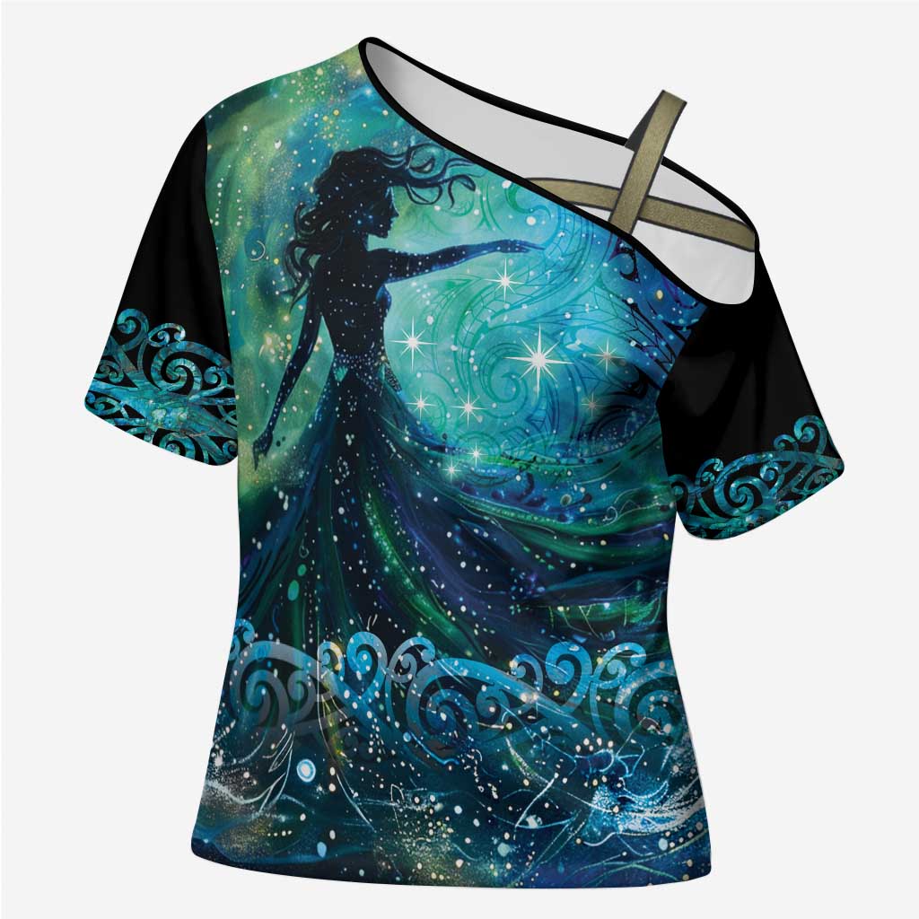 New Zealand Matariki Hiwa-i-te-rangi Cross Shoulder Shirt Titiro ki nga Whetu Wishing Star LT9 Female Black - Polynesian Pride