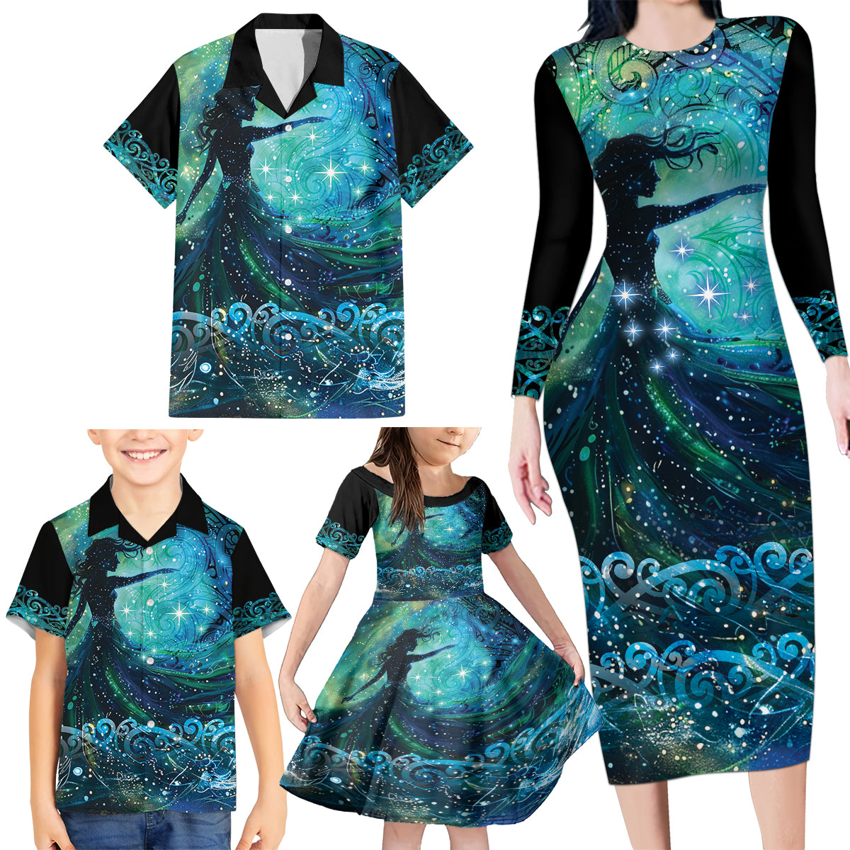 New Zealand Matariki Hiwa-i-te-rangi Family Matching Long Sleeve Bodycon Dress and Hawaiian Shirt Titiro ki nga Whetu Wishing Star LT9 - Polynesian Pride