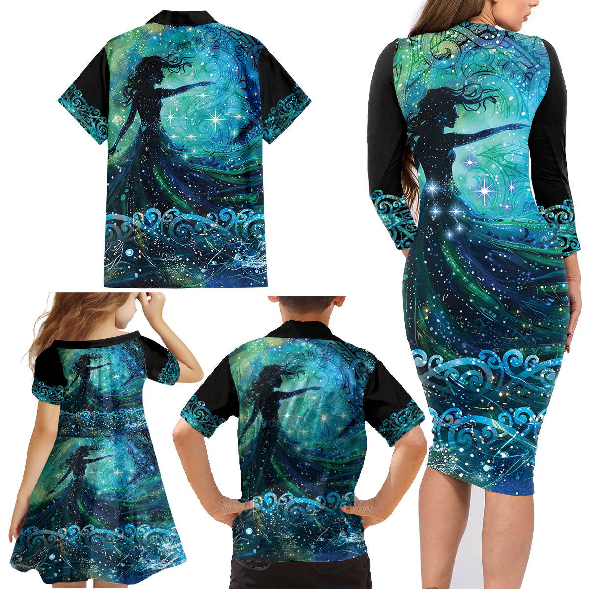 New Zealand Matariki Hiwa-i-te-rangi Family Matching Long Sleeve Bodycon Dress and Hawaiian Shirt Titiro ki nga Whetu Wishing Star LT9 - Polynesian Pride