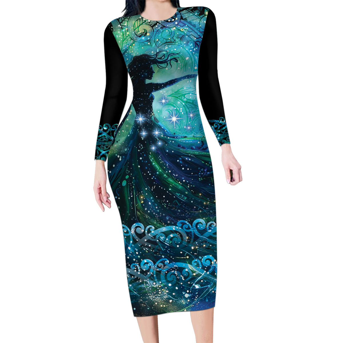 New Zealand Matariki Hiwa-i-te-rangi Family Matching Long Sleeve Bodycon Dress and Hawaiian Shirt Titiro ki nga Whetu Wishing Star LT9 Mom's Dress Black - Polynesian Pride