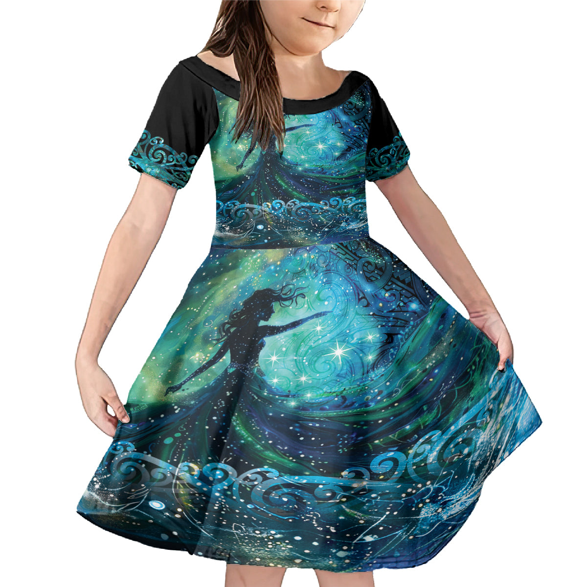 New Zealand Matariki Hiwa-i-te-rangi Family Matching Mermaid Dress and Hawaiian Shirt Titiro ki nga Whetu Wishing Star LT9 Daughter's Dress Black - Polynesian Pride