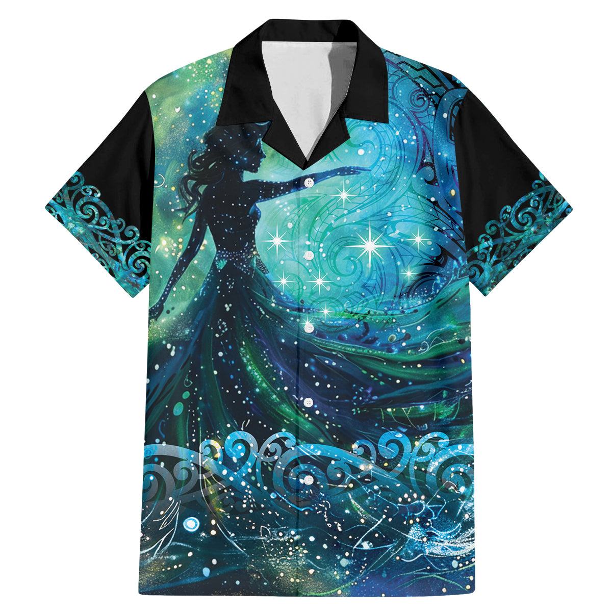 New Zealand Matariki Hiwa-i-te-rangi Family Matching Mermaid Dress and Hawaiian Shirt Titiro ki nga Whetu Wishing Star LT9 Dad's Shirt - Short Sleeve Black - Polynesian Pride
