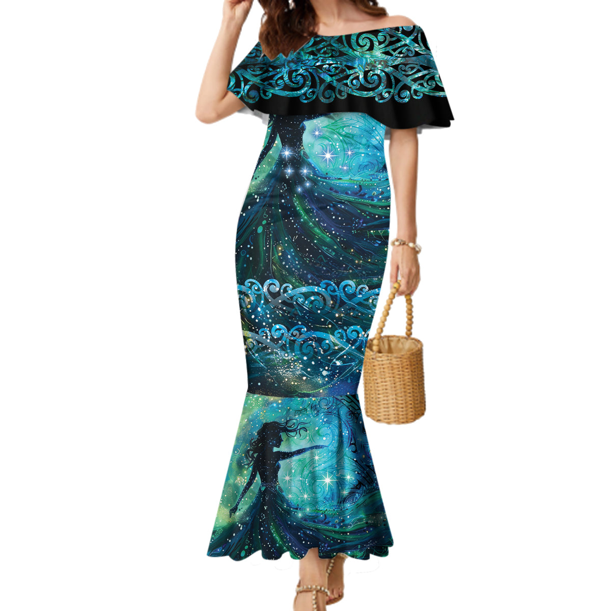 New Zealand Matariki Hiwa-i-te-rangi Family Matching Mermaid Dress and Hawaiian Shirt Titiro ki nga Whetu Wishing Star LT9 Mom's Dress Black - Polynesian Pride