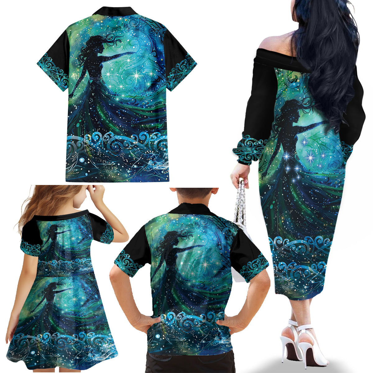 New Zealand Matariki Hiwa-i-te-rangi Family Matching Off The Shoulder Long Sleeve Dress and Hawaiian Shirt Titiro ki nga Whetu Wishing Star LT9 - Polynesian Pride