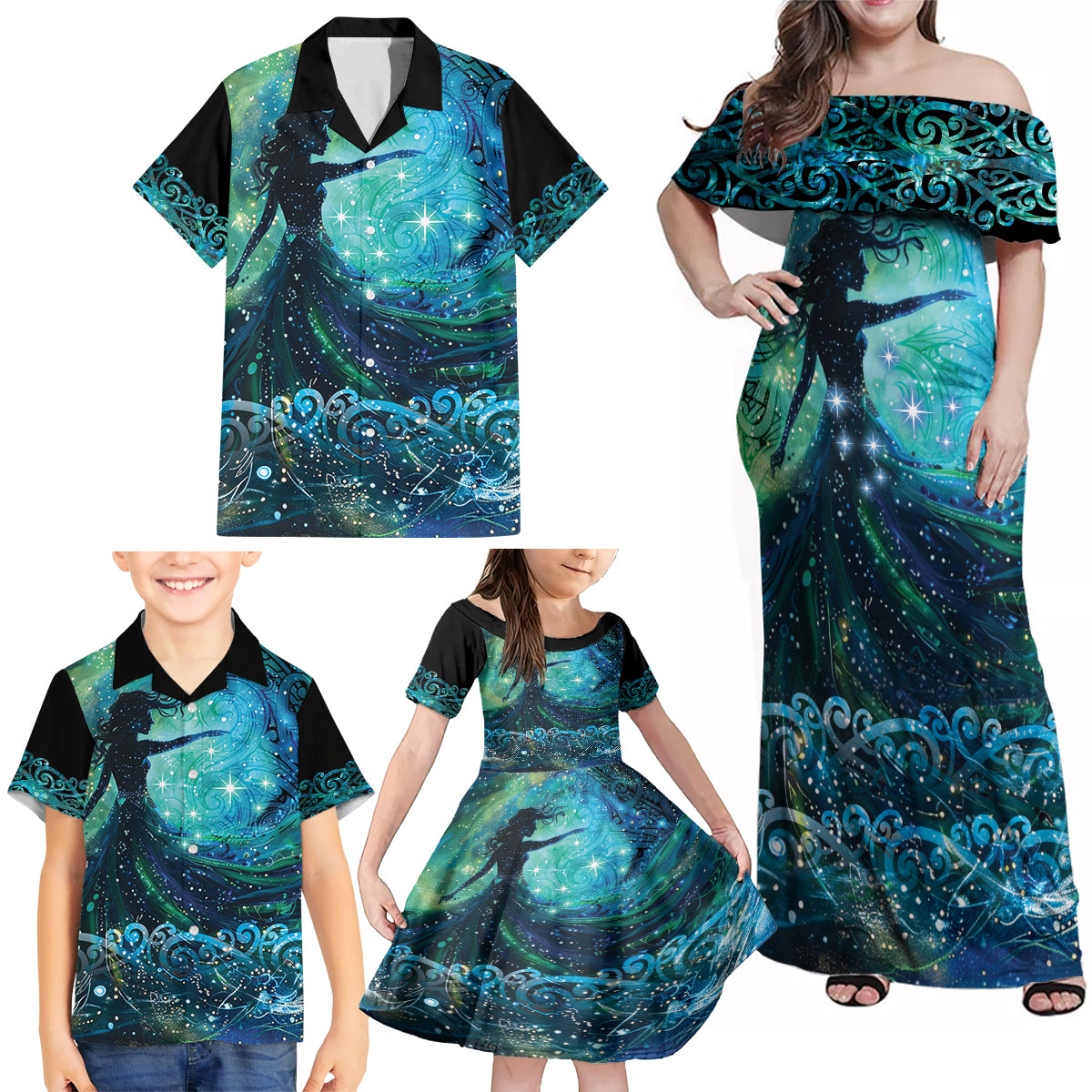 New Zealand Matariki Hiwa-i-te-rangi Family Matching Off Shoulder Maxi Dress and Hawaiian Shirt Titiro ki nga Whetu Wishing Star LT9 - Polynesian Pride
