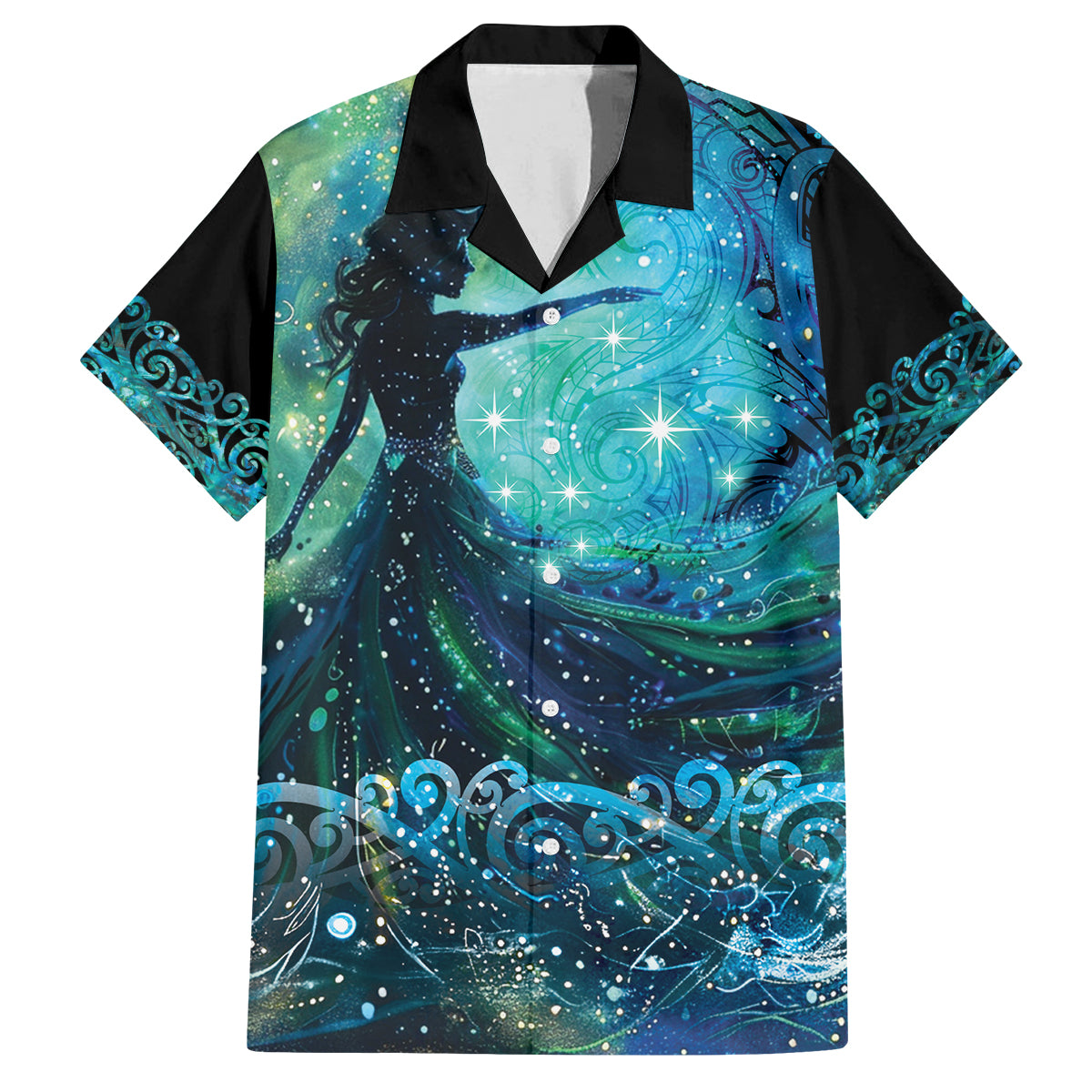 New Zealand Matariki Hiwa-i-te-rangi Family Matching Off Shoulder Short Dress and Hawaiian Shirt Titiro ki nga Whetu Wishing Star LT9 Dad's Shirt - Short Sleeve Black - Polynesian Pride