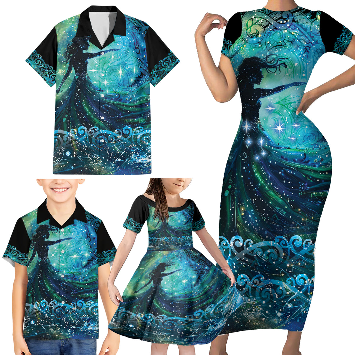 New Zealand Matariki Hiwa-i-te-rangi Family Matching Short Sleeve Bodycon Dress and Hawaiian Shirt Titiro ki nga Whetu Wishing Star LT9 - Polynesian Pride
