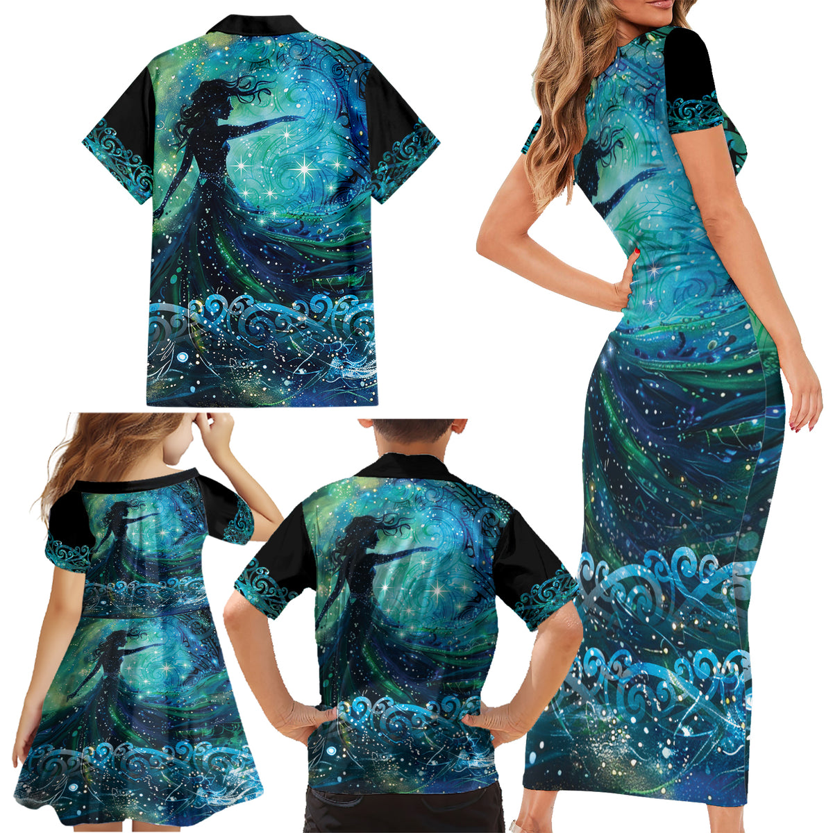 New Zealand Matariki Hiwa-i-te-rangi Family Matching Short Sleeve Bodycon Dress and Hawaiian Shirt Titiro ki nga Whetu Wishing Star LT9 - Polynesian Pride
