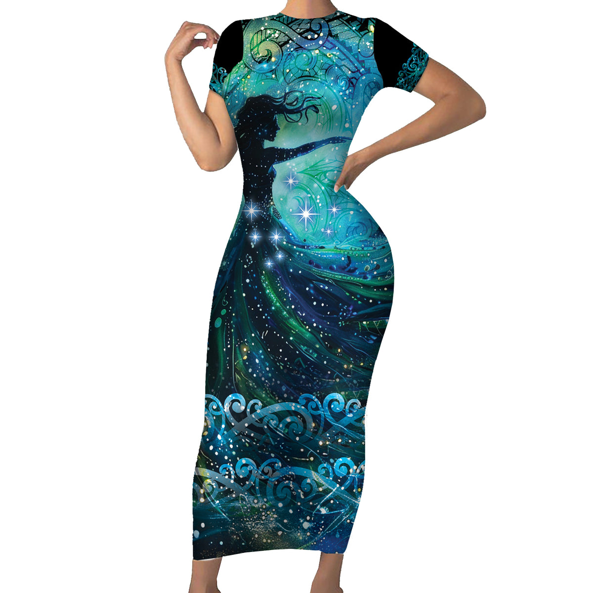 New Zealand Matariki Hiwa-i-te-rangi Family Matching Short Sleeve Bodycon Dress and Hawaiian Shirt Titiro ki nga Whetu Wishing Star LT9 Mom's Dress Black - Polynesian Pride