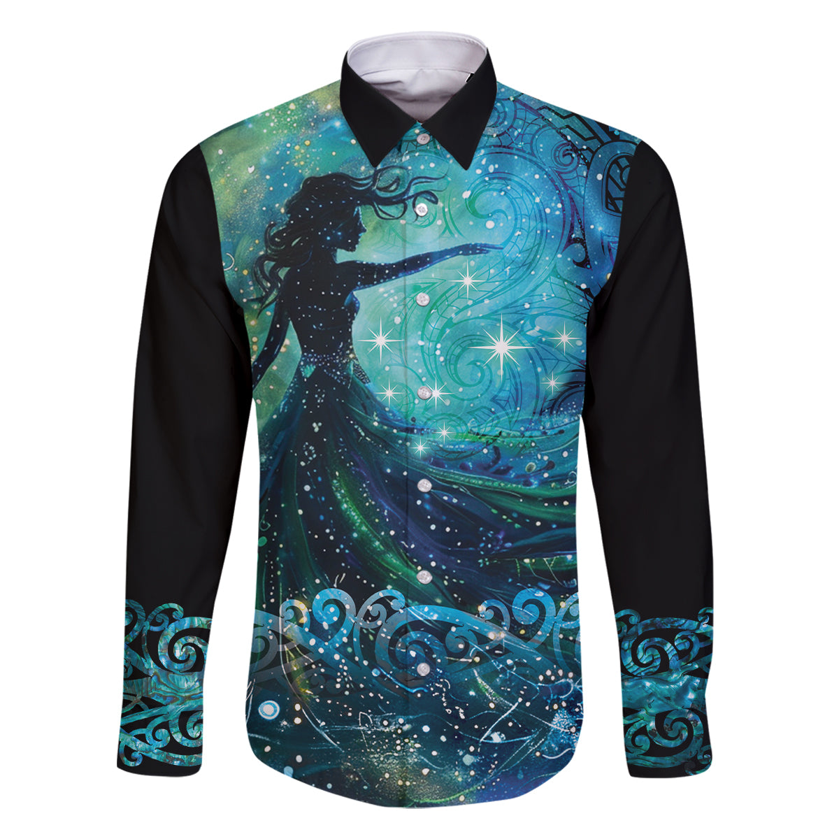 New Zealand Matariki Hiwa-i-te-rangi Family Matching Tank Maxi Dress and Hawaiian Shirt Titiro ki nga Whetu Wishing Star LT9 Dad's Shirt - Long Sleeve Black - Polynesian Pride