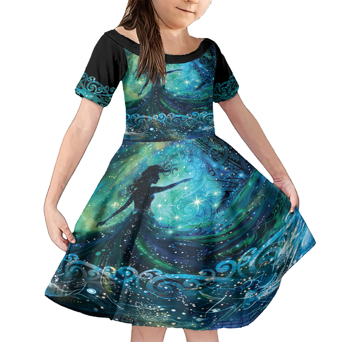New Zealand Matariki Hiwa-i-te-rangi Kid Short Sleeve Dress Titiro ki nga Whetu Wishing Star LT9 KID Black - Polynesian Pride
