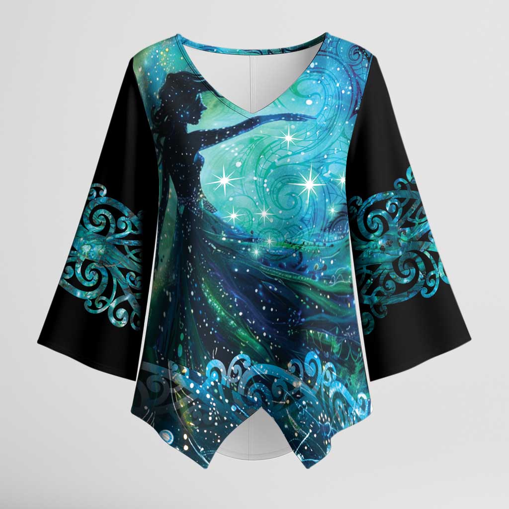 New Zealand Matariki Hiwa-i-te-rangi Kimono Sleeve Blouse Titiro ki nga Whetu Wishing Star LT9 Female Black - Polynesian Pride