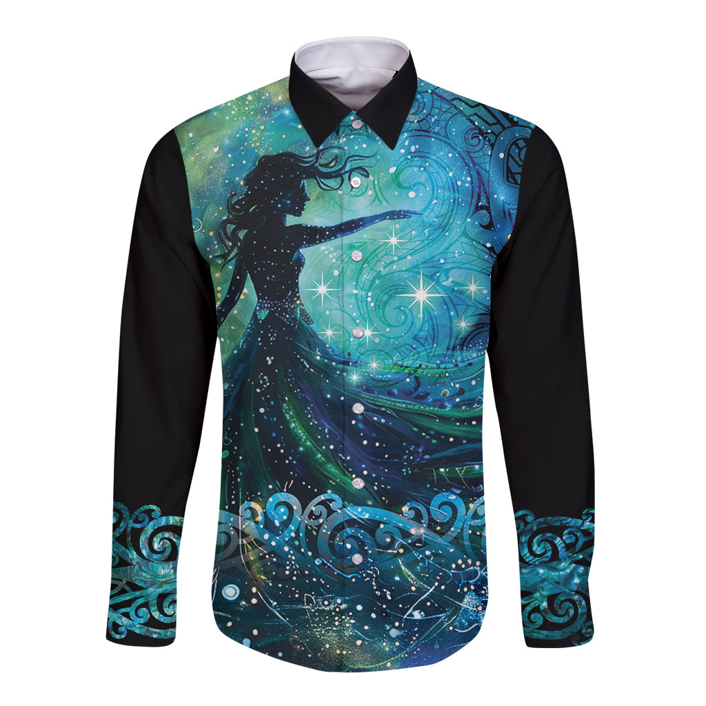 New Zealand Matariki Hiwa-i-te-rangi Long Sleeve Button Shirt Titiro ki nga Whetu Wishing Star LT9 Unisex Black - Polynesian Pride